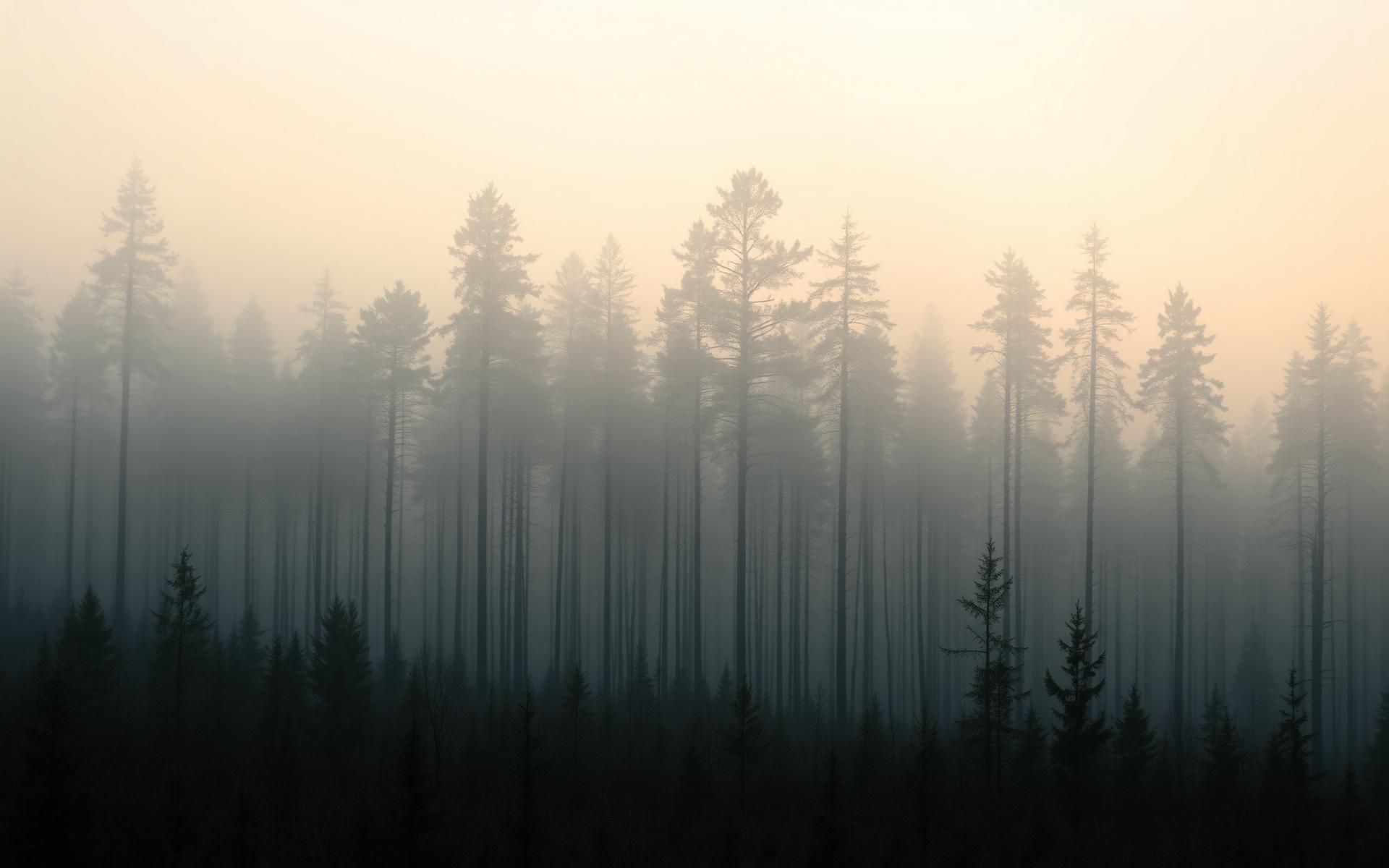 Misty forest at dawn with warm light