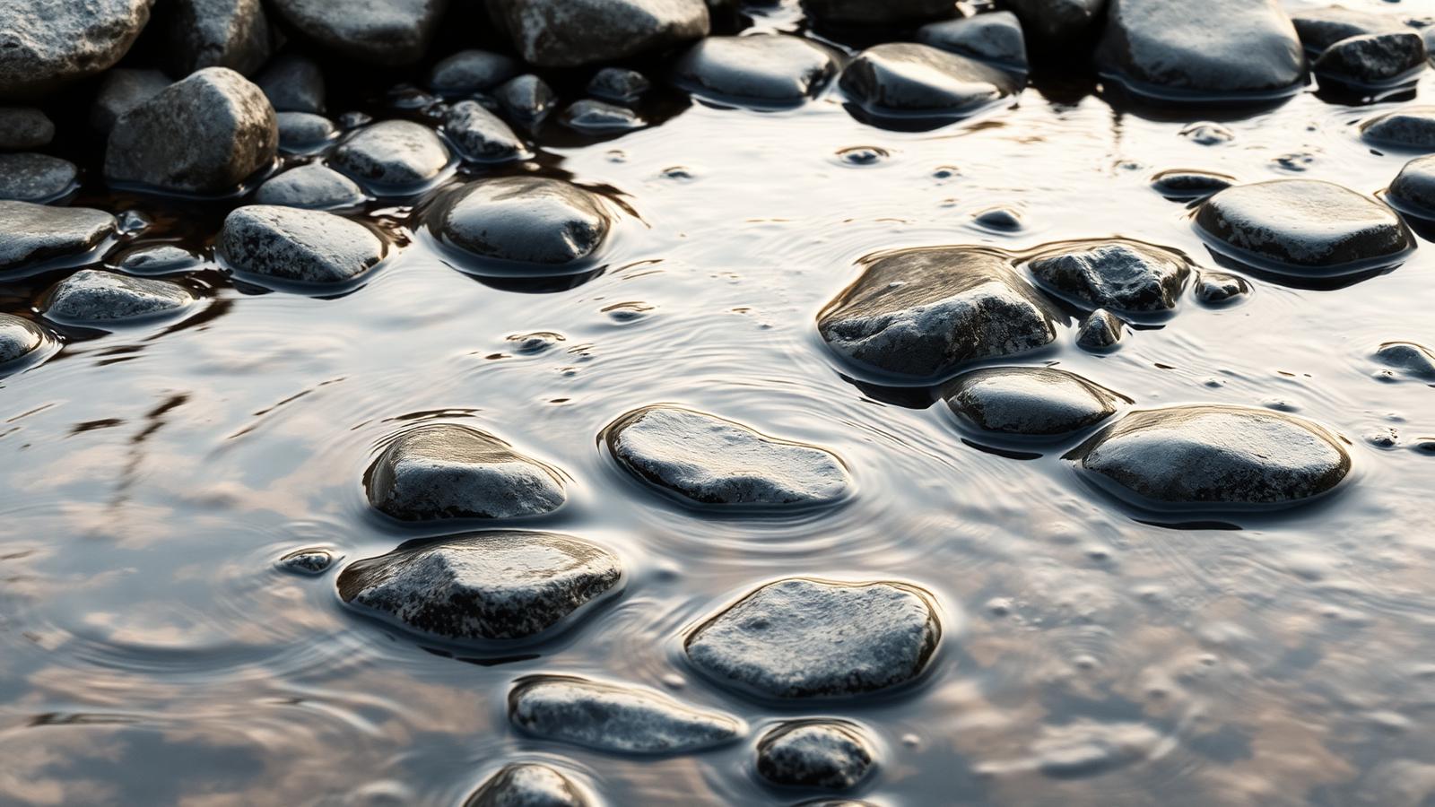 Still water and natural stones in warm light